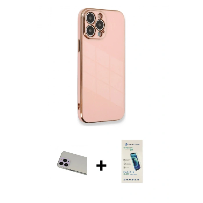 MARSİLYAN™- iPhone 13 Pro Max Kılıf Yankı Serisi - Şeffaf Pasifik Cam Ekran Koruyucu + Rainbow Kamera Lens Koruma Cam - MR