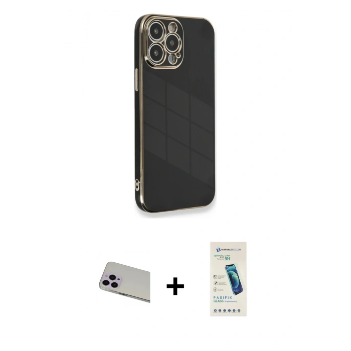 MARSİLYAN™- iPhone 13 Pro Max Kılıf Yankı Serisi - Şeffaf Pasifik Cam Ekran Koruyucu + Rainbow Kamera Lens Koruma Cam - MR