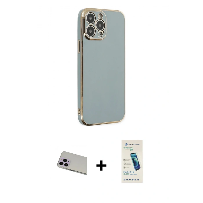 MARSİLYAN™- iPhone 13 Pro Max Kılıf Yankı Serisi - Şeffaf Pasifik Cam Ekran Koruyucu + Rainbow Kamera Lens Koruma Cam - MR