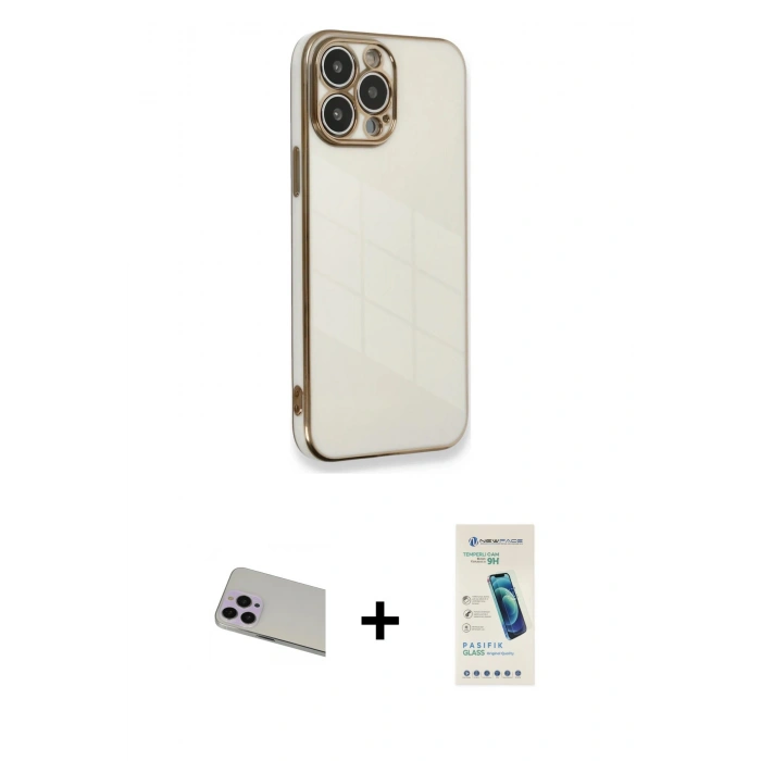 MARSİLYAN™- iPhone 13 Pro Max Kılıf Yankı Serisi - Şeffaf Pasifik Cam Ekran Koruyucu + Rainbow Kamera Lens Koruma Cam - MR