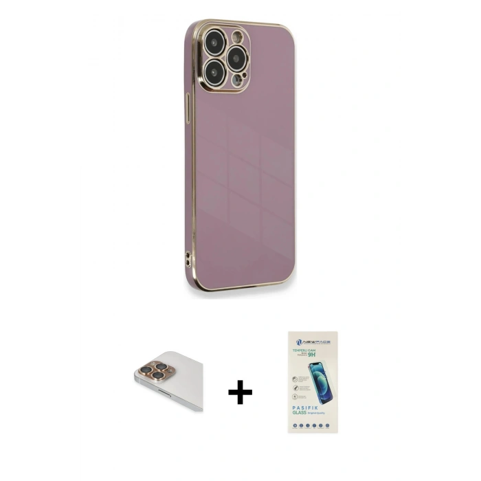 MARSİLYAN™- iPhone 13 Pro Max Kılıf Yankı Serisi - Şeffaf Pasifik Cam Ekran Koruyucu + Pers Alüminyum Kamera Lens - GD