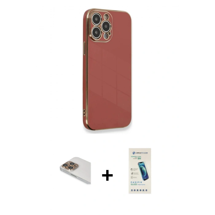 MARSİLYAN™- iPhone 13 Pro Max Kılıf Yankı Serisi - Şeffaf Pasifik Cam Ekran Koruyucu + Pers Alüminyum Kamera Lens - GD