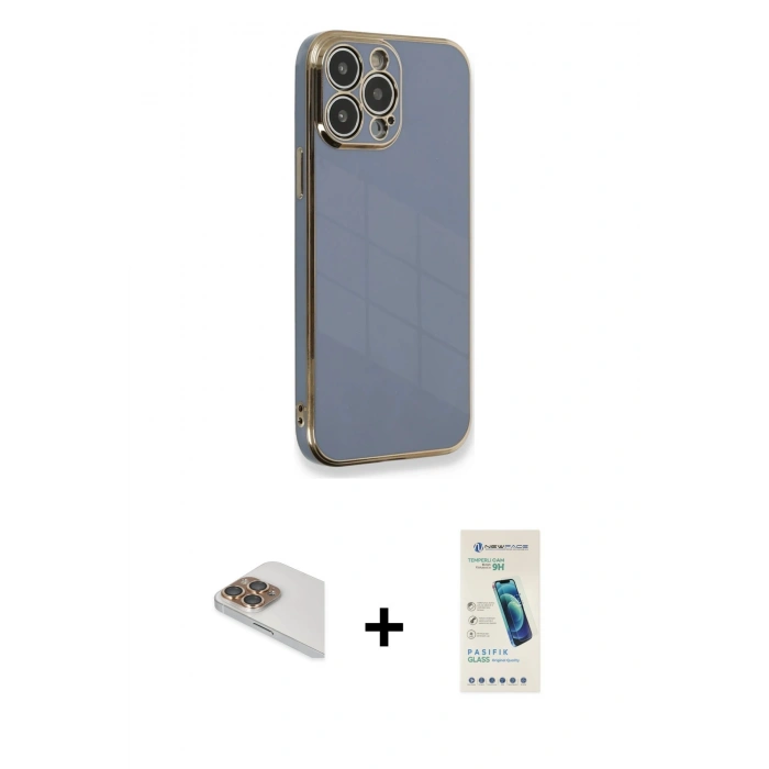 MARSİLYAN™- iPhone 13 Pro Max Kılıf Yankı Serisi - Şeffaf Pasifik Cam Ekran Koruyucu + Pers Alüminyum Kamera Lens - GD