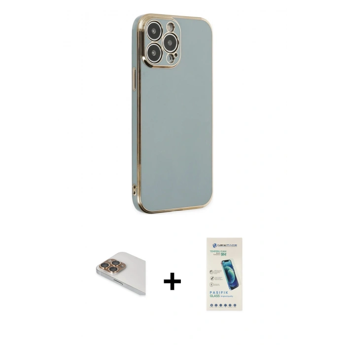 MARSİLYAN™- iPhone 13 Pro Max Kılıf Yankı Serisi - Şeffaf Pasifik Cam Ekran Koruyucu + Pers Alüminyum Kamera Lens - GD