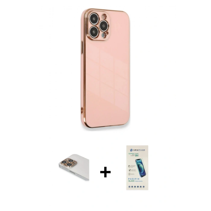 MARSİLYAN™- iPhone 13 Pro Max Kılıf Yankı Serisi - Şeffaf Pasifik Cam Ekran Koruyucu + Pers Alüminyum Kamera Lens - GD