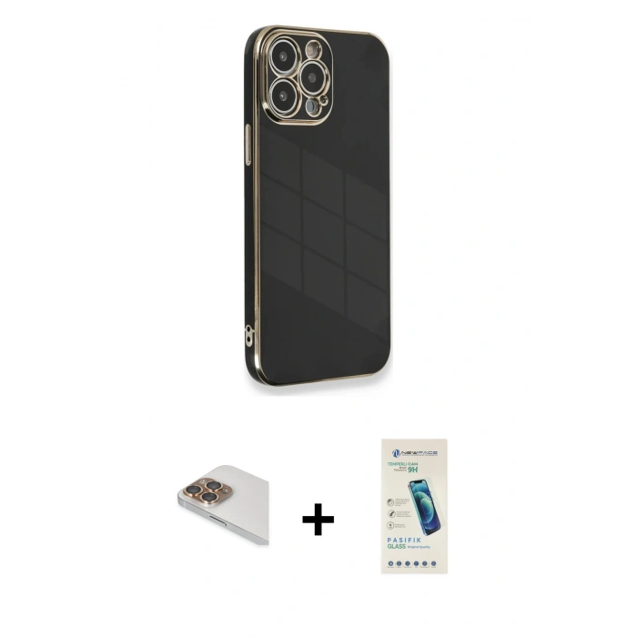 MARSİLYAN™- iPhone 13 Pro Max Kılıf Yankı Serisi - Şeffaf Pasifik Cam Ekran Koruyucu + Pers Alüminyum Kamera Lens - GD