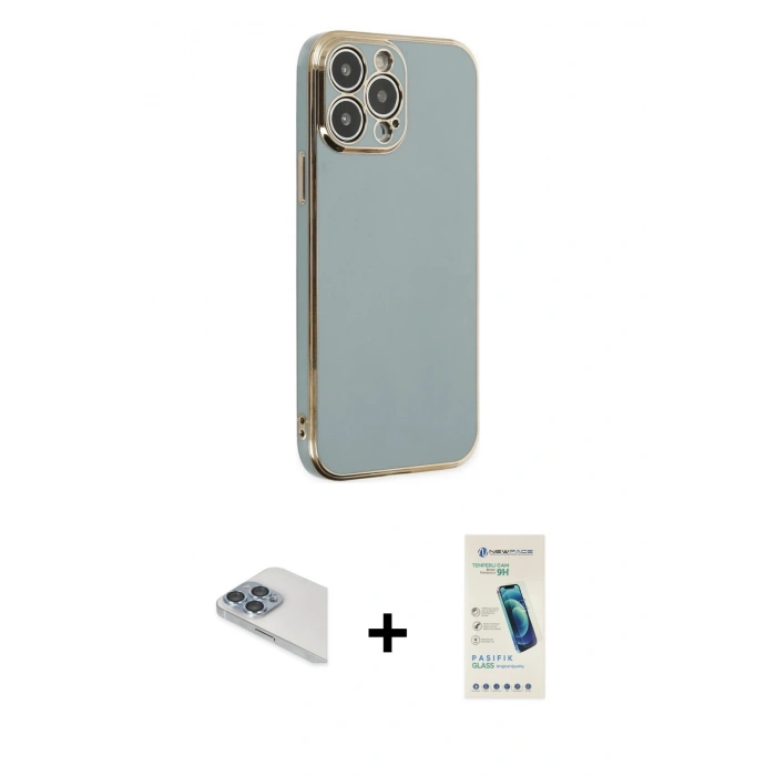 MARSİLYAN™- iPhone 13 Pro Max Kılıf Yankı Serisi - Şeffaf Pasifik Cam Ekran Koruyucu + Pers Alüminyum Kamera Lens - SABE