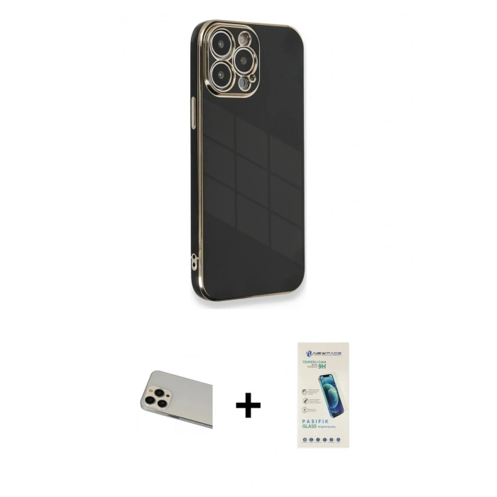 MARSİLYAN™- iPhone 13 Pro Max Kılıf Yankı Serisi - Şeffaf Pasifik Cam Ekran Koruyucu + Rainbow Kamera Lens Koruma Cam - REGD