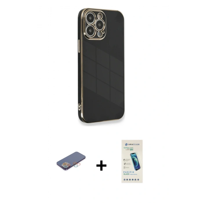 MARSİLYAN™- iPhone 13 Pro Max Kılıf Yankı Serisi - Şeffaf Pasifik Cam Ekran Koruyucu + Renkli Kamera Lens Koruma Cam - PE