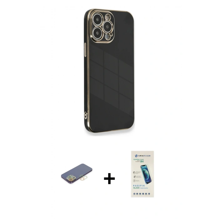 MARSİLYAN™- iPhone 13 Pro Max Kılıf Yankı Serisi - Şeffaf Pasifik Cam Ekran Koruyucu + Renkli Kamera Lens Koruma Cam - SI