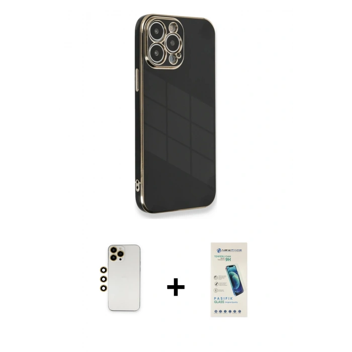 MARSİLYAN™- iPhone 13 Pro Max Kılıf Yankı Serisi - Şeffaf Pasifik Cam Ekran Koruyucu + Shine Kamera Lens - GD