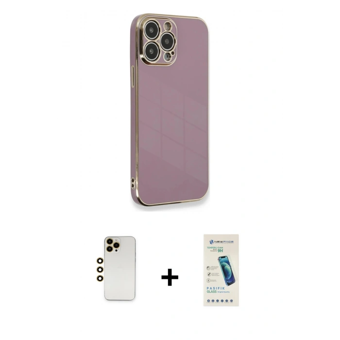 MARSİLYAN™- iPhone 13 Pro Max Kılıf Yankı Serisi - Şeffaf Pasifik Cam Ekran Koruyucu + Shine Kamera Lens - GD