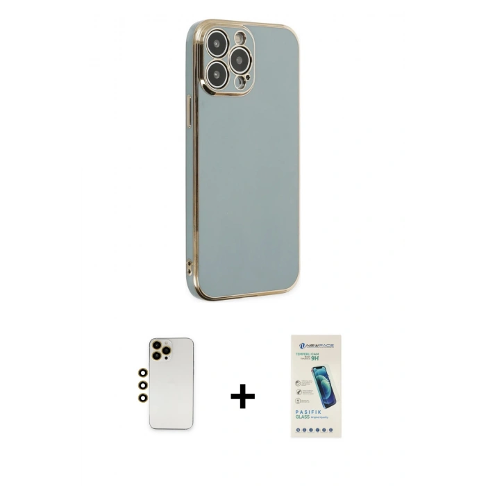 MARSİLYAN™- iPhone 13 Pro Max Kılıf Yankı Serisi - Şeffaf Pasifik Cam Ekran Koruyucu + Shine Kamera Lens - GD