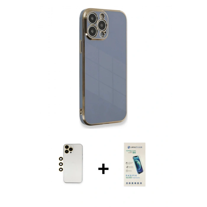 MARSİLYAN™- iPhone 13 Pro Max Kılıf Yankı Serisi - Şeffaf Pasifik Cam Ekran Koruyucu + Shine Kamera Lens - GD