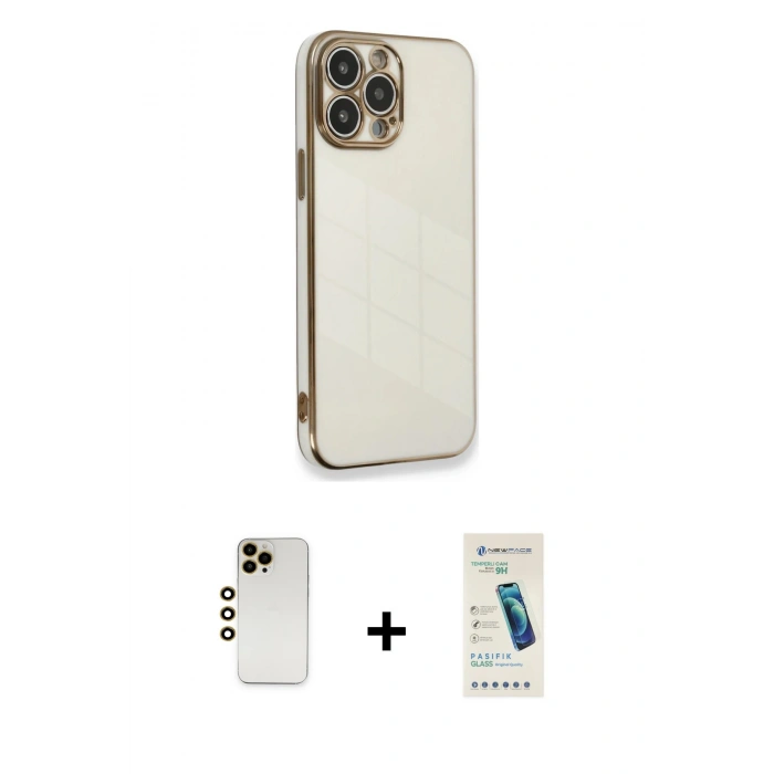 MARSİLYAN™- iPhone 13 Pro Max Kılıf Yankı Serisi - Şeffaf Pasifik Cam Ekran Koruyucu + Shine Kamera Lens - GD