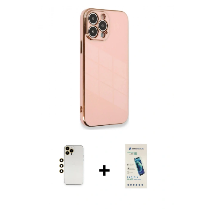MARSİLYAN™- iPhone 13 Pro Max Kılıf Yankı Serisi - Şeffaf Pasifik Cam Ekran Koruyucu + Shine Kamera Lens - GD