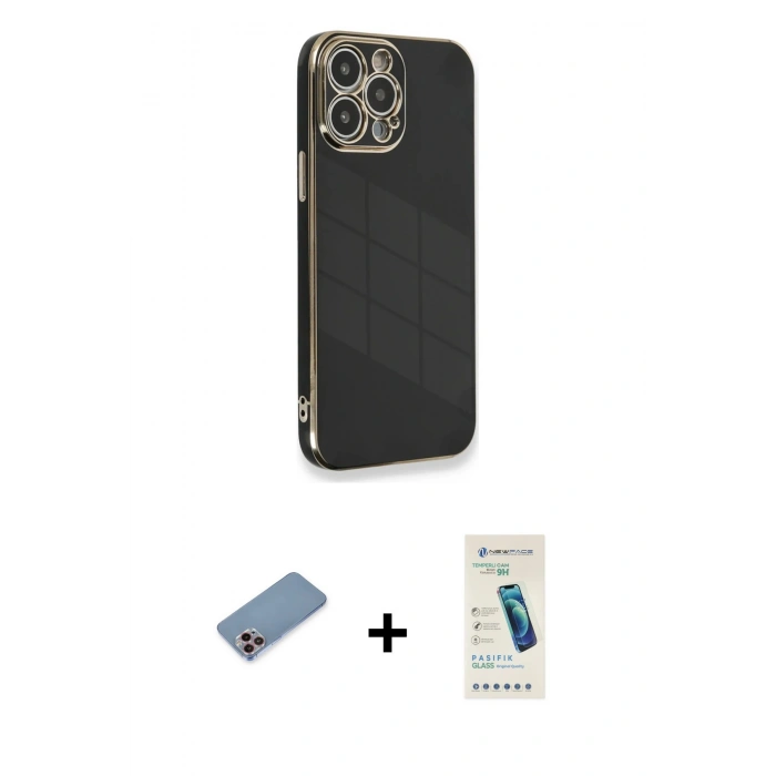MARSİLYAN™- iPhone 13 Pro Max Kılıf Yankı Serisi - Şeffaf Pasifik Cam Ekran Koruyucu + Shine Kamera Lens Koruma Cam - PE
