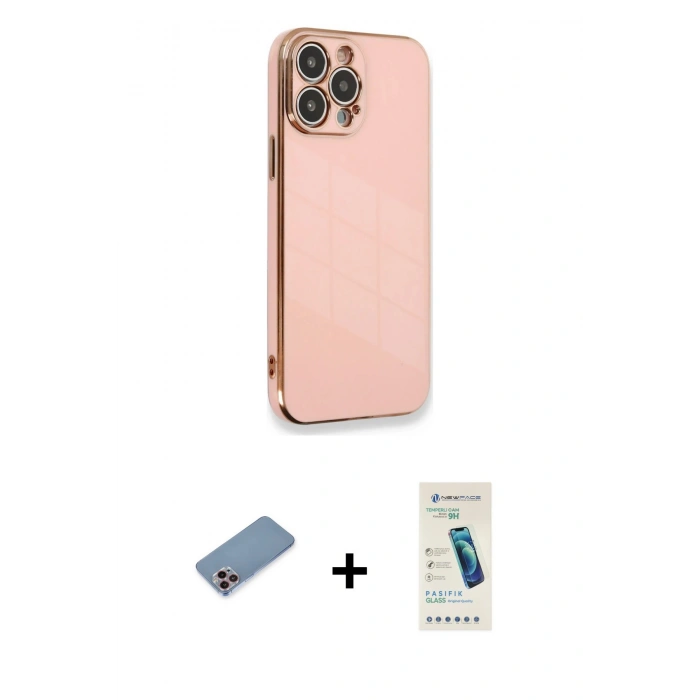MARSİLYAN™- iPhone 13 Pro Max Kılıf Yankı Serisi - Şeffaf Pasifik Cam Ekran Koruyucu + Shine Kamera Lens Koruma Cam - PE