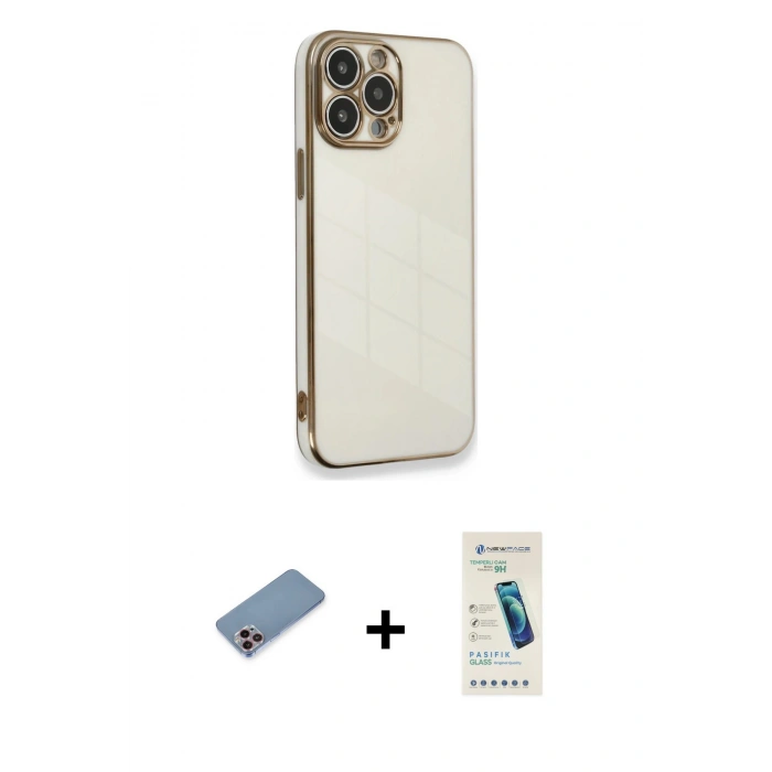 MARSİLYAN™- iPhone 13 Pro Max Kılıf Yankı Serisi - Şeffaf Pasifik Cam Ekran Koruyucu + Shine Kamera Lens Koruma Cam - PE
