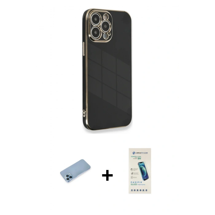 MARSİLYAN™- iPhone 13 Pro Max Kılıf Yankı Serisi - Şeffaf Pasifik Cam Ekran Koruyucu + Shine Kamera Lens Koruma Cam - MI