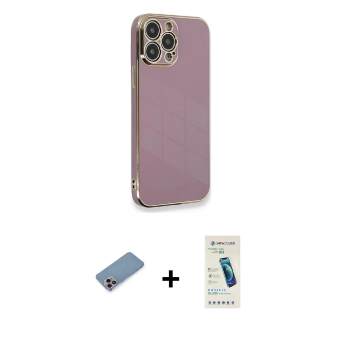 MARSİLYAN™- iPhone 13 Pro Max Kılıf Yankı Serisi - Şeffaf Pasifik Cam Ekran Koruyucu + Shine Kamera Lens Koruma Cam - PE