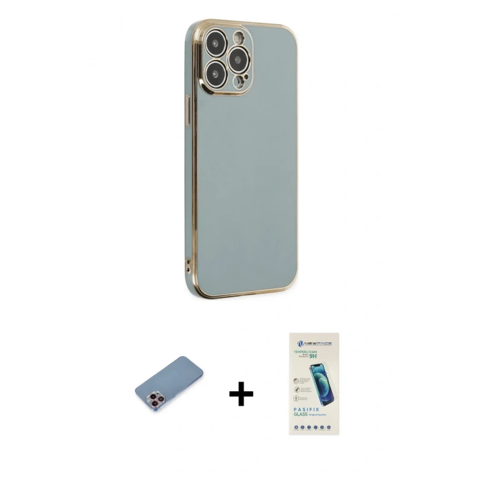 MARSİLYAN™- iPhone 13 Pro Max Kılıf Yankı Serisi - Şeffaf Pasifik Cam Ekran Koruyucu + Shine Kamera Lens Koruma Cam - PE