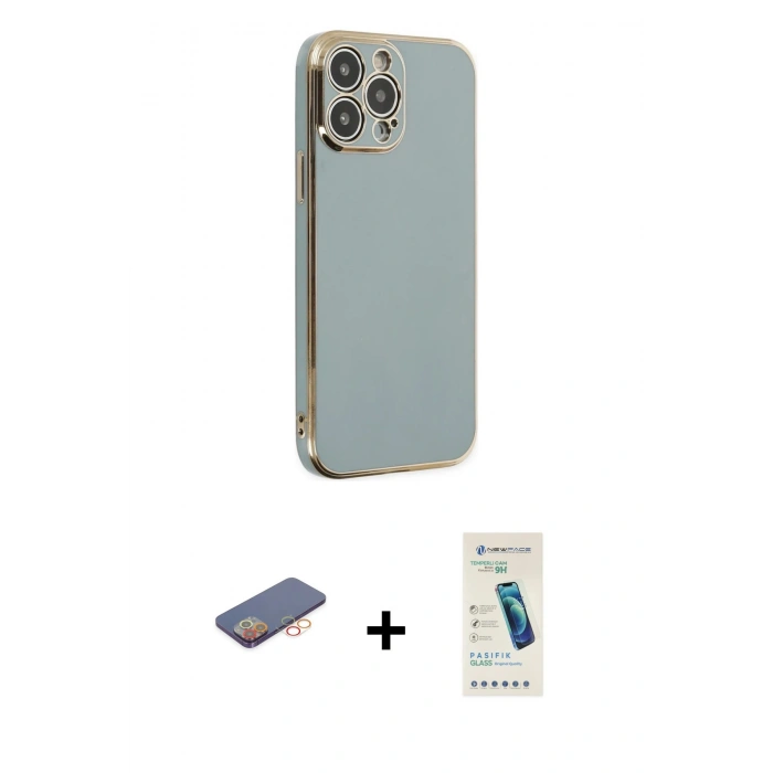 MARSİLYAN™- iPhone 13 Pro Max Kılıf Yankı Serisi - Şeffaf Pasifik Cam Ekran Koruyucu + Renkli Kamera Lens Koruma Cam - TU