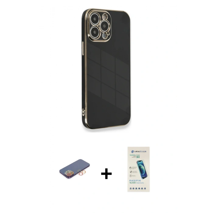 MARSİLYAN™- iPhone 13 Pro Max Kılıf Yankı Serisi - Şeffaf Pasifik Cam Ekran Koruyucu + Renkli Kamera Lens Koruma Cam - TU