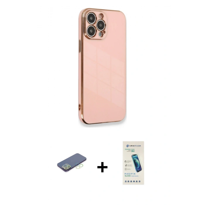 MARSİLYAN™- iPhone 13 Pro Max Kılıf Yankı Serisi - Şeffaf Pasifik Cam Ekran Koruyucu + Renkli Kamera Lens Koruma Cam - YL