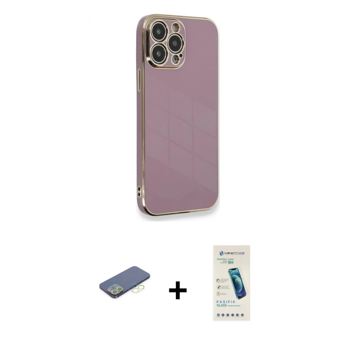 MARSİLYAN™- iPhone 13 Pro Max Kılıf Yankı Serisi - Şeffaf Pasifik Cam Ekran Koruyucu + Renkli Kamera Lens Koruma Cam - YL
