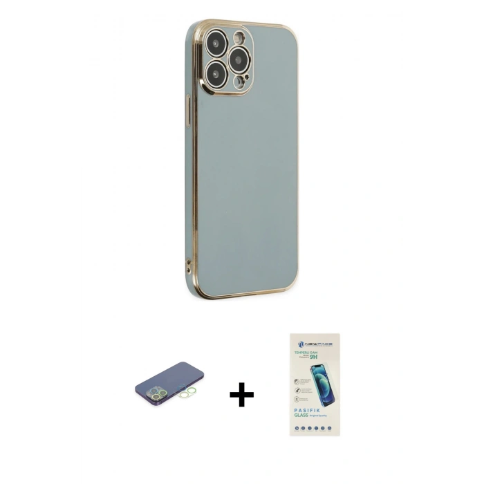MARSİLYAN™- iPhone 13 Pro Max Kılıf Yankı Serisi - Şeffaf Pasifik Cam Ekran Koruyucu + Renkli Kamera Lens Koruma Cam - YL