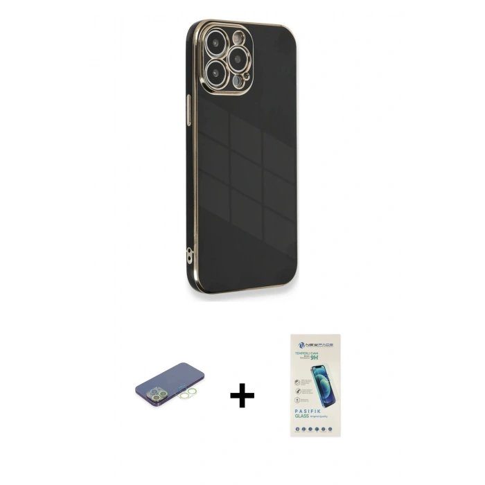 MARSİLYAN™- iPhone 13 Pro Max Kılıf Yankı Serisi - Şeffaf Pasifik Cam Ekran Koruyucu + Renkli Kamera Lens Koruma Cam - YL