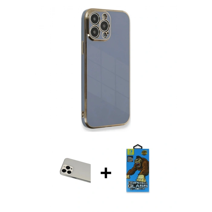 MARSİLYAN™- iPhone 13 Pro Max Kılıf Yankı Serisi - Siyah 18D Cam Ekran Koruyucu + Beyaz Rainbow Kamera Lens Koruma Cam
