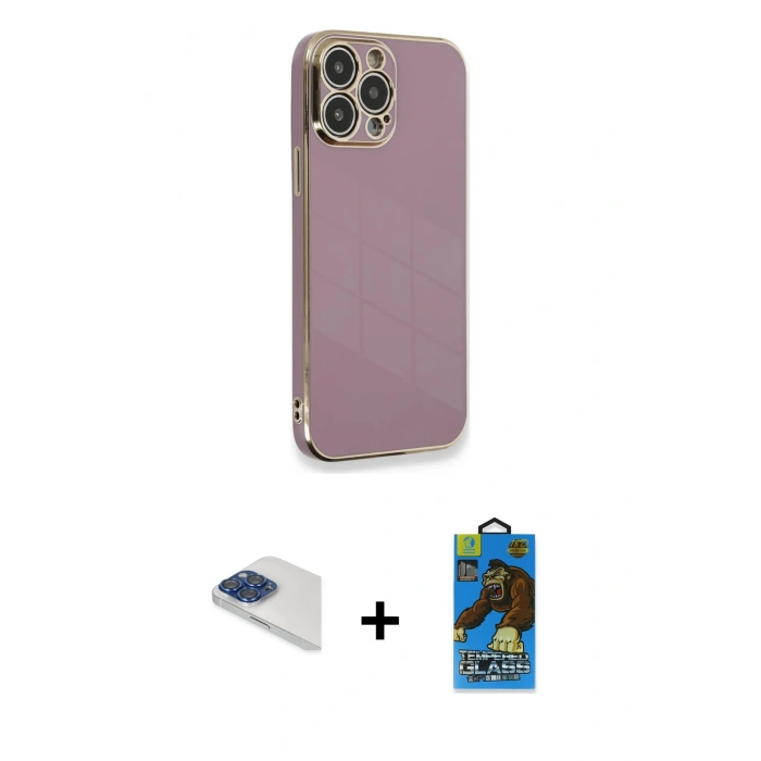 MARSİLYAN™- iPhone 13 Pro Max Kılıf Yankı Serisi - Siyah 18D Cam Ekran Koruyucu + Lacivert Pers Alüminyum Kamera Lens