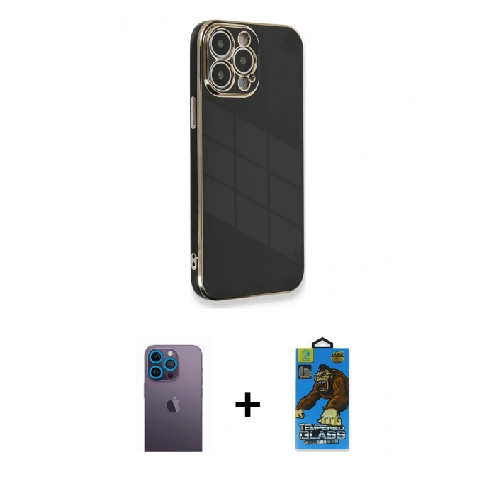 MARSİLYAN™- iPhone 13 Pro Max Kılıf Yankı Serisi - Siyah 18D Cam Ekran Koruyucu + Neon Fosforlu Kamera Lens - MI