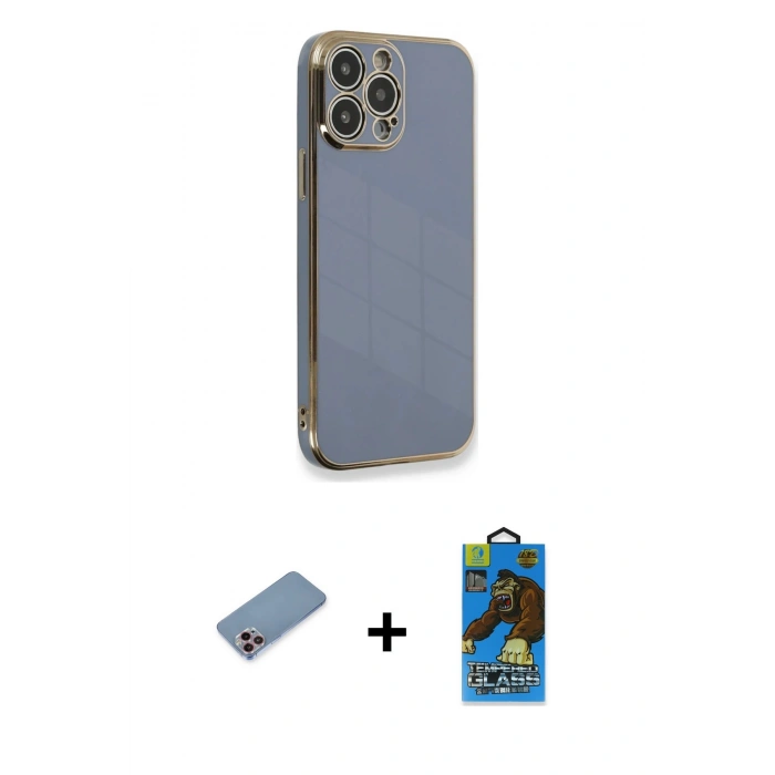 MARSİLYAN™- iPhone 13 Pro Max Kılıf Yankı Serisi - Siyah 18D Cam Ekran Koruyucu + Shine Kamera Lens Koruma Cam - PE
