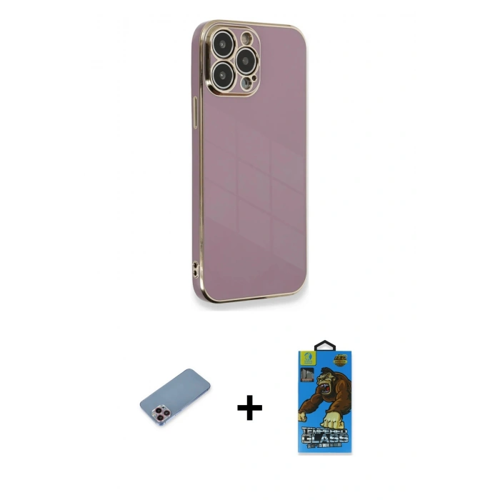 MARSİLYAN™- iPhone 13 Pro Max Kılıf Yankı Serisi - Siyah 18D Cam Ekran Koruyucu + Shine Kamera Lens Koruma Cam - PE