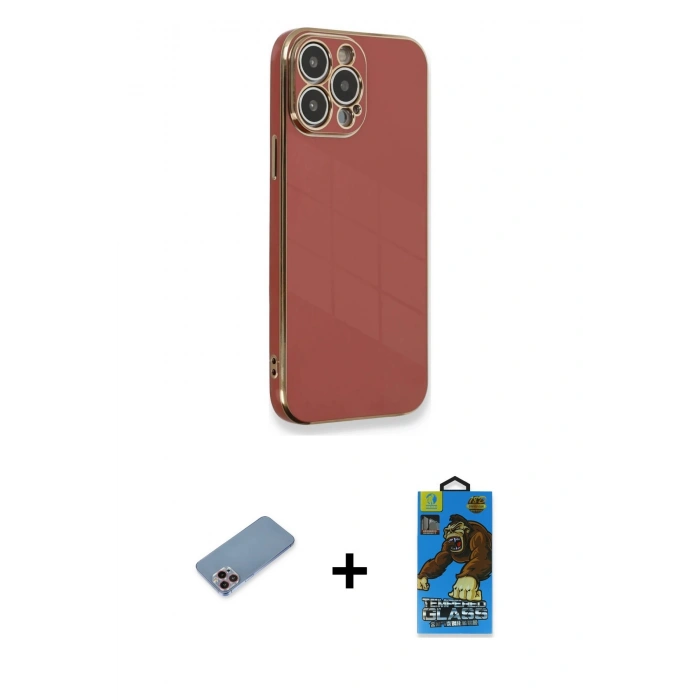 MARSİLYAN™- iPhone 13 Pro Max Kılıf Yankı Serisi - Siyah 18D Cam Ekran Koruyucu + Shine Kamera Lens Koruma Cam - PE