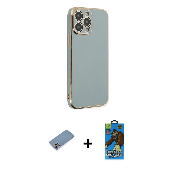 MARSİLYAN™- iPhone 13 Pro Max Kılıf Yankı Serisi - Siyah 18D Cam Ekran Koruyucu + Shine Kamera Lens Koruma Cam - PE