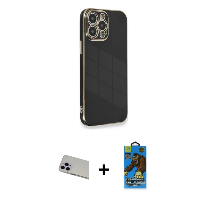 MARSİLYAN™- iPhone 13 Pro Max Kılıf Yankı Serisi - Siyah 18D Cam Ekran Koruyucu + Rainbow Kamera Lens Koruma Cam - MR
