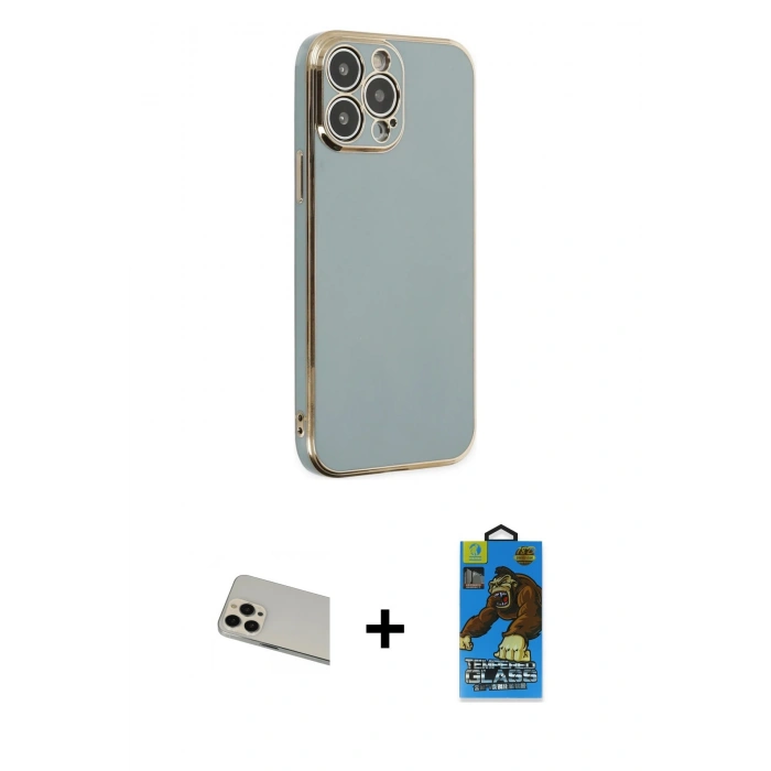 MARSİLYAN™- iPhone 13 Pro Max Kılıf Yankı Serisi - Siyah 18D Cam Ekran Koruyucu + Rainbow Kamera Lens Koruma Cam - REGD