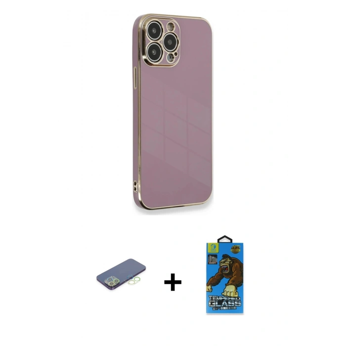 MARSİLYAN™- iPhone 13 Pro Max Kılıf Yankı Serisi - Siyah 18D Cam Ekran Koruyucu + Renkli Kamera Lens Koruma Cam - YL