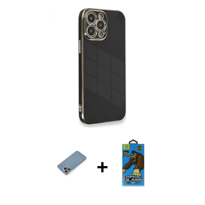 MARSİLYAN™- iPhone 13 Pro Max Kılıf Yankı Serisi - Siyah 18D Cam Ekran Koruyucu + Shine Kamera Lens Koruma Cam - GI
