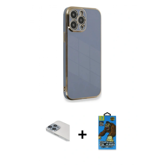 MARSİLYAN™- iPhone 13 Pro Max Kılıf Yankı Serisi - Siyah 18D Cam Ekran Koruyucu + Pers Alüminyum Kamera Lens - SABE