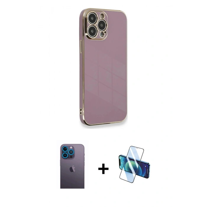 MARSİLYAN™- iPhone 13 Pro Max Kılıf Yankı Serisi - Siyah 3D Antistatik Cam Ekran Koruyucu + Neon Fosforlu Kamera Lens - MI