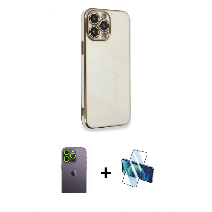 MARSİLYAN™- iPhone 13 Pro Max Kılıf Yankı Serisi - Siyah 3D Antistatik Cam Ekran Koruyucu + Neon Fosforlu Kamera Lens - YL