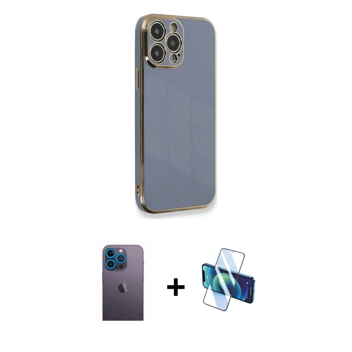 MARSİLYAN™- iPhone 13 Pro Max Kılıf Yankı Serisi - Siyah 3D Antistatik Cam Ekran Koruyucu + Neon Fosforlu Kamera Lens - MI