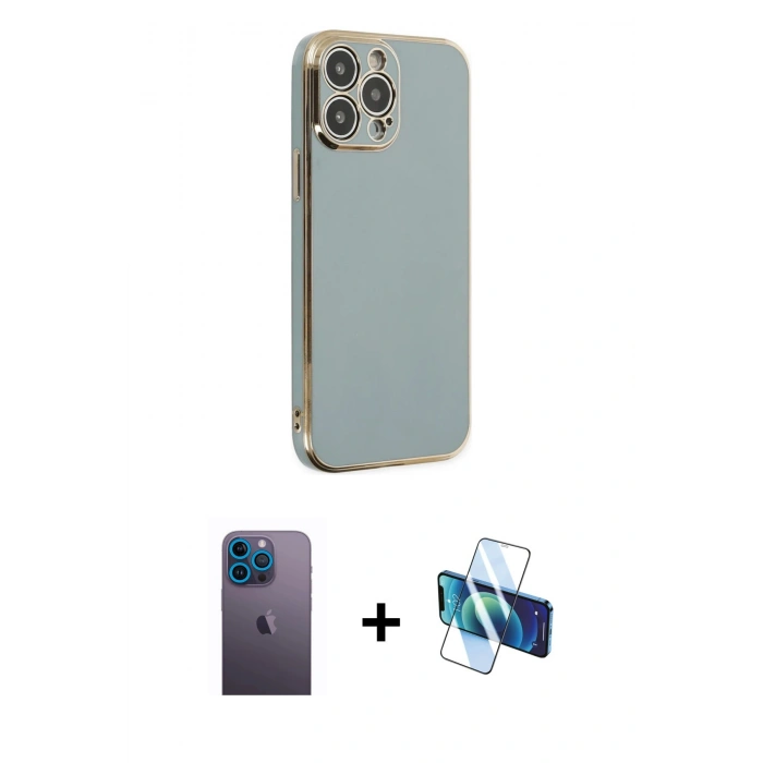 MARSİLYAN™- iPhone 13 Pro Max Kılıf Yankı Serisi - Siyah 3D Antistatik Cam Ekran Koruyucu + Neon Fosforlu Kamera Lens - MI