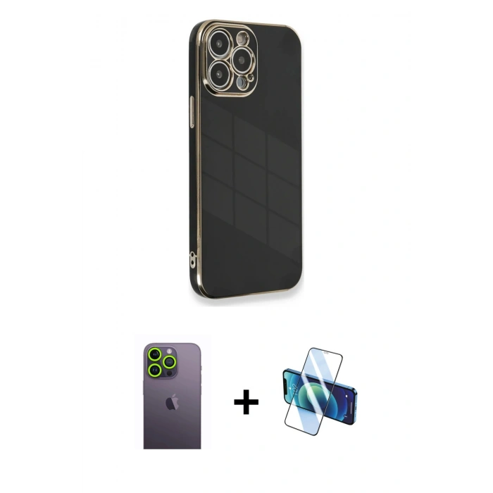 MARSİLYAN™- iPhone 13 Pro Max Kılıf Yankı Serisi - Siyah 3D Antistatik Cam Ekran Koruyucu + Neon Fosforlu Kamera Lens - YL