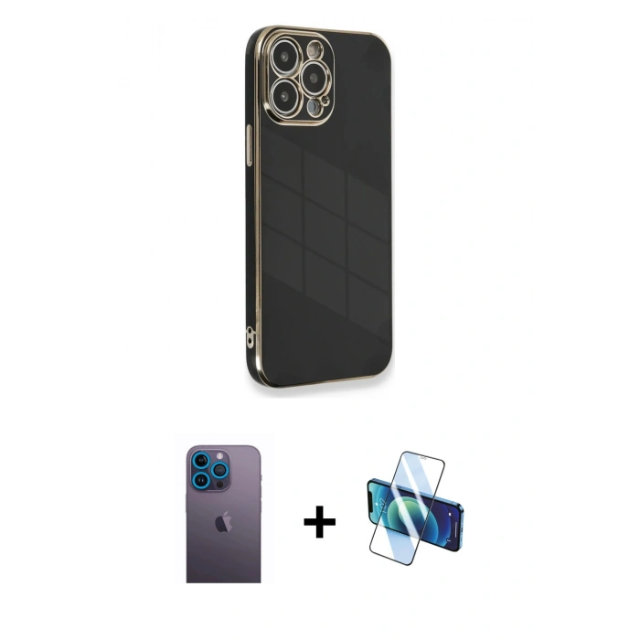 MARSİLYAN™- iPhone 13 Pro Max Kılıf Yankı Serisi - Siyah 3D Antistatik Cam Ekran Koruyucu + Neon Fosforlu Kamera Lens - MI